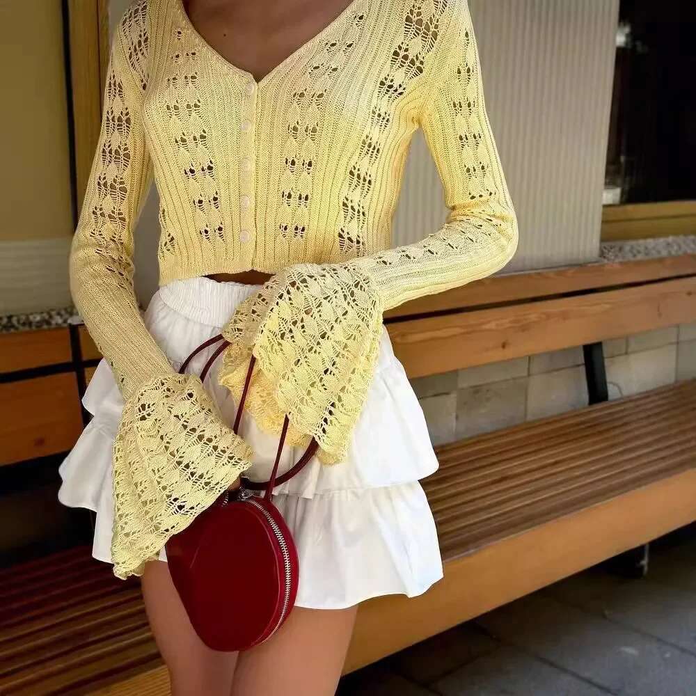 Women's Knitted Cardigan New Solid Color Long Sleeve V-Neck Cropped Top European American Cross-Border Style Fashion Clothing