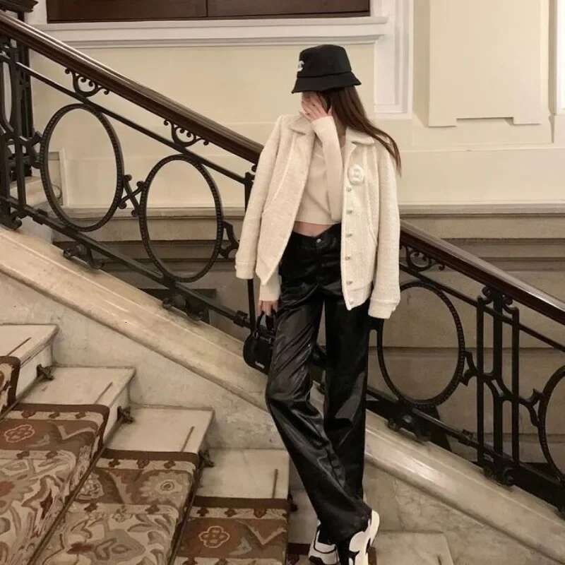 Fashionable Cross Patterned Straight For Women PU Leather Hot Girl 2024 New Stylish Unique Black Pants Korean Style