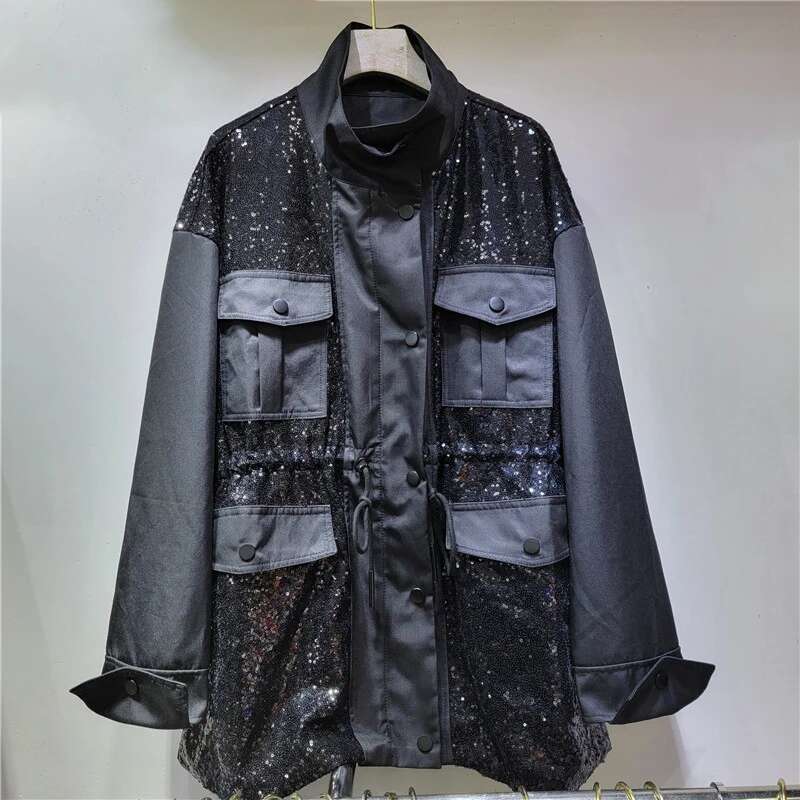 Women's Trench Coat Sequins Zipper Drawstring Waist Stand Collr Multiple Pockets Cargo Windbreak New Fashion Autumn