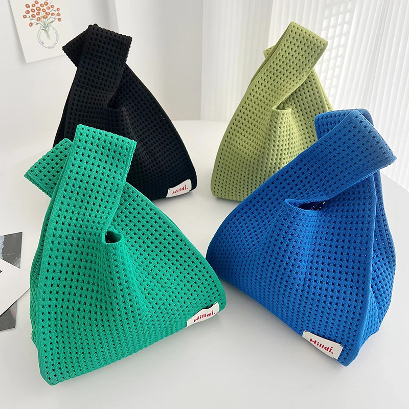 Skeleton Solid Color Knitted Bag WomenS Mini Knot Wristlet Hundred Large Capacity Mesh Handbag Reusable Shopping Bag Summer R250312