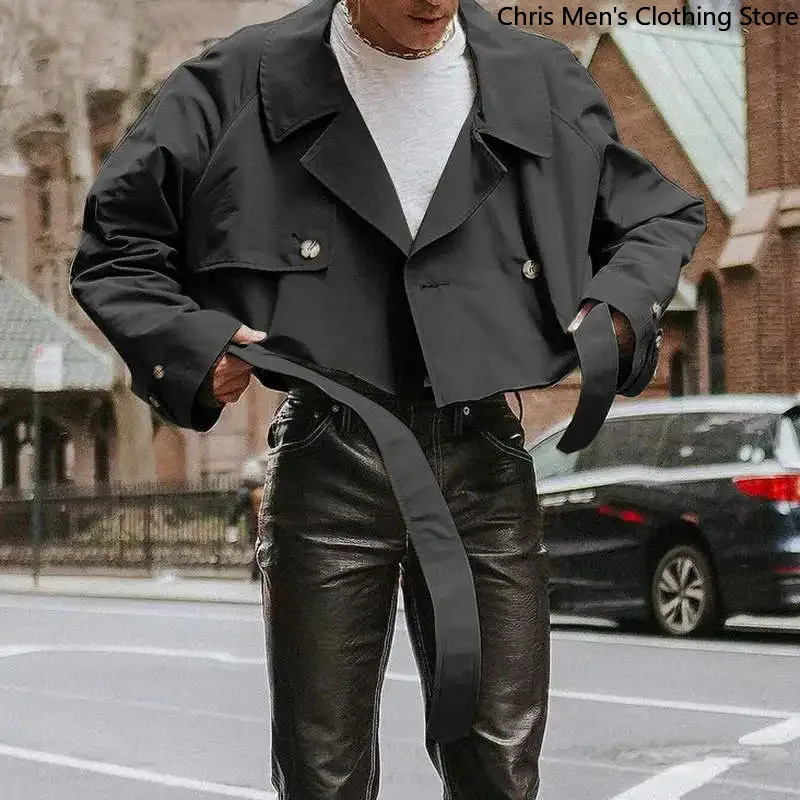 Fall Fashion Loose Mens Short Trench Coat Super Cool Street Motorcycle Lapel Laceup Cargo Male Jacket 250313