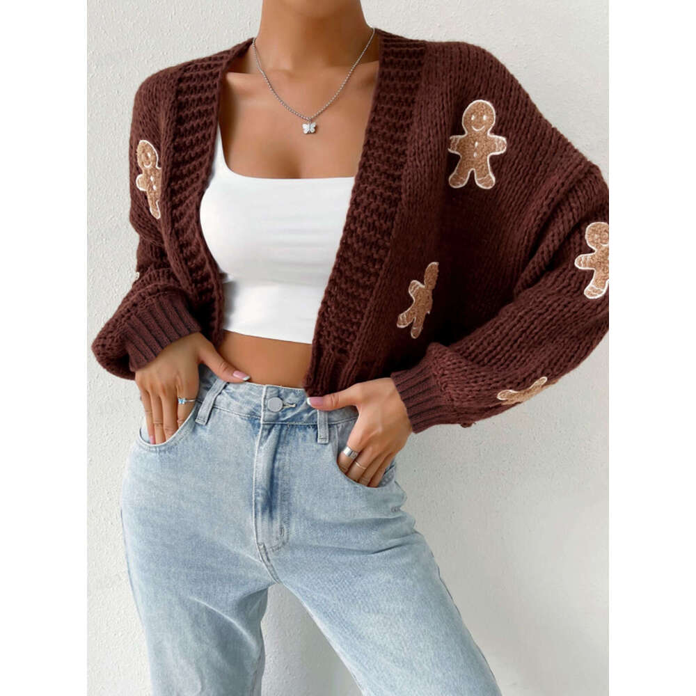 Manufacturer Biscuit Man Pattern Women's Knitted Sweater Short cardigan Spring and Autumn 2025 New Casual Versatile Fashion Clothing