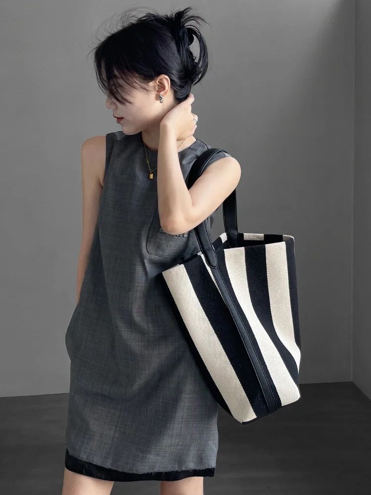 Stylish Women's Stripe Canvas Overnight Travel Tote Bag with Adjustable Strap