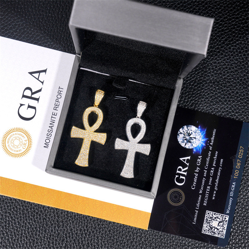 VVS1 Moissanite S Sier Round Ankh Cross Pendants Necklace Real Dia Iced Out Necklaces For Men Women Jewelry With GRA