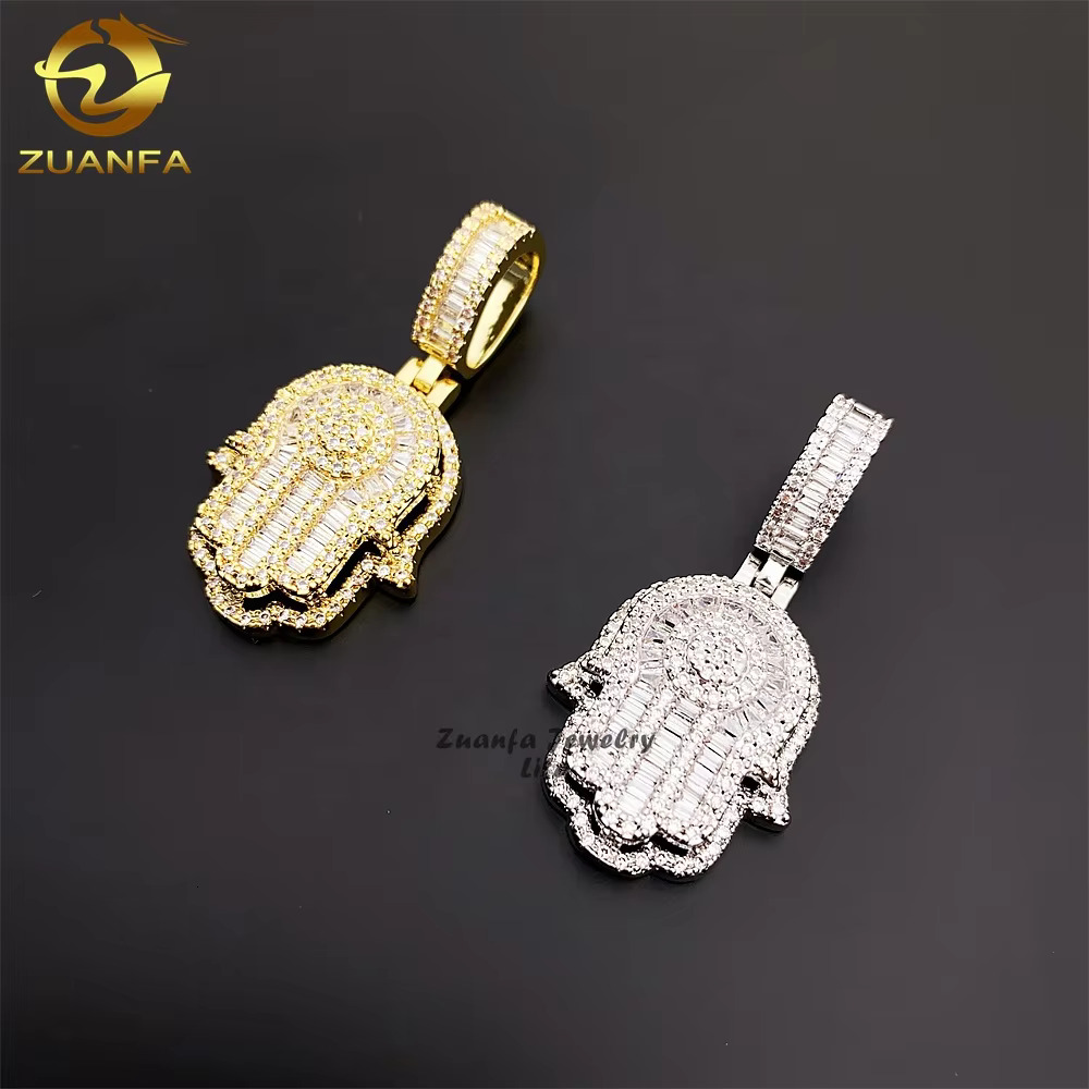 Hip Hop Jewelry baguette Diamond 925 Sterling Silver Gold Plated Charm Moissanite Hamsa Pendant