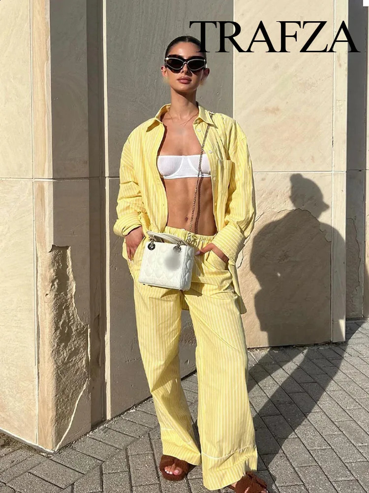 TRAFZA Elegant Womens 2piece Striped Collar Single Chest Pocket Decorative Loose ShirtElastic Waist Casual High Pants 250313