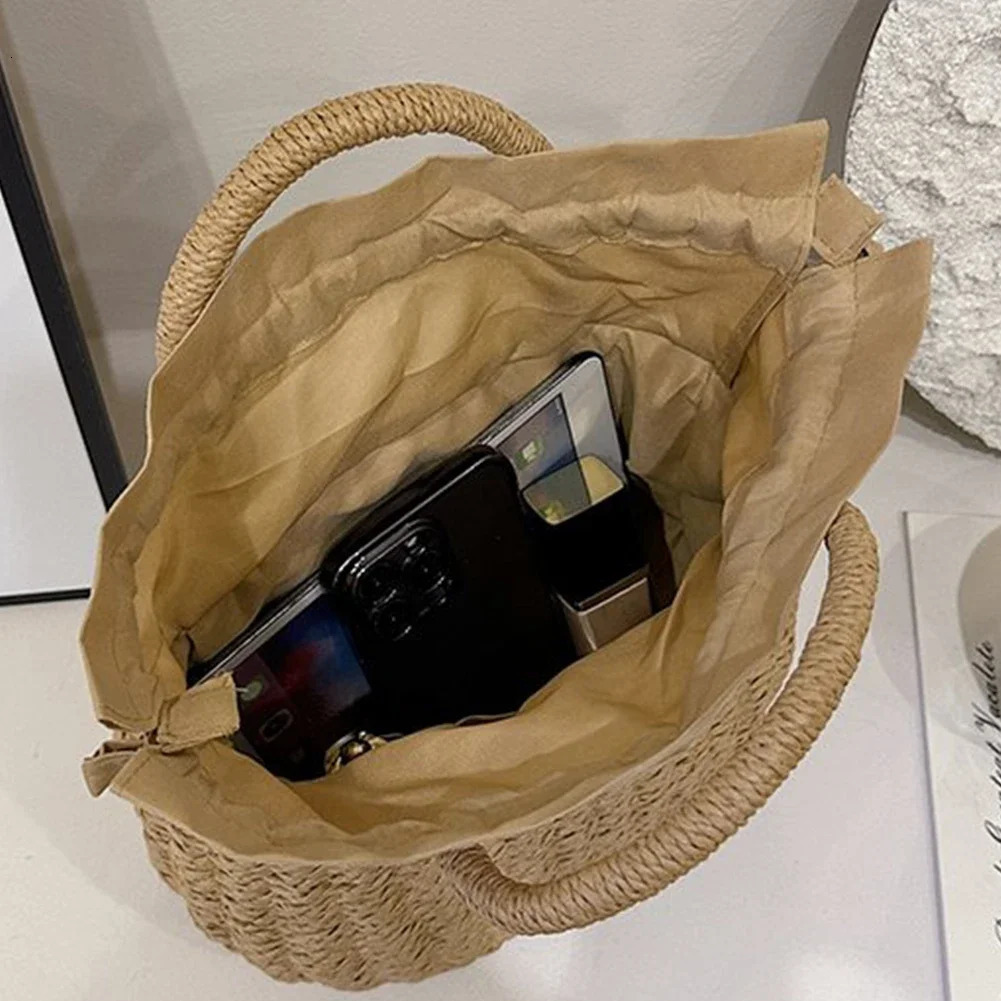 Drawstring Straw Bag for Women Top Handle Bag Summer Beach Woven Boho Bag Rattan Large Capacity Tote Bag Ladies Shopper Clutch R250312