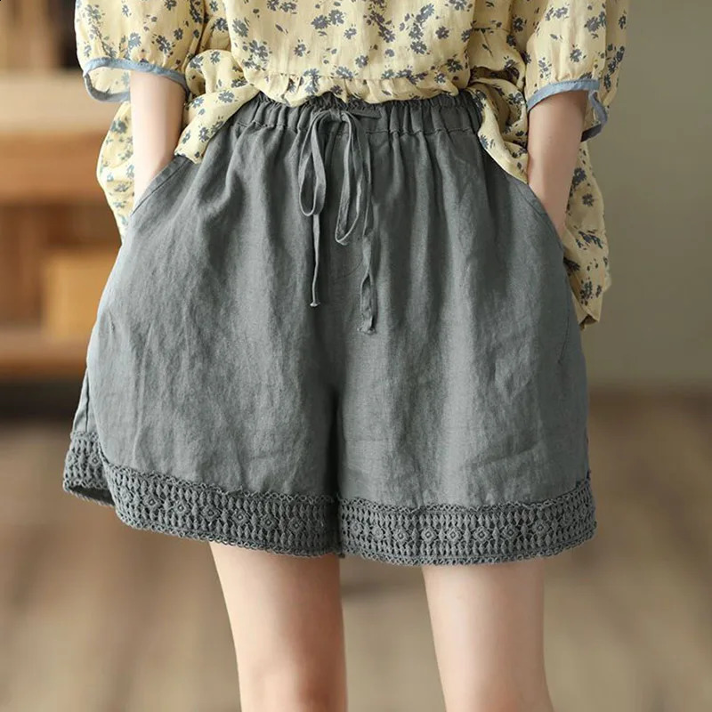 Summer Thin Cotton Linen Baggy Shorts Women Casual High Waist Short Pants Korean Lace Up Loose Straight Pantalones Cortos 250313