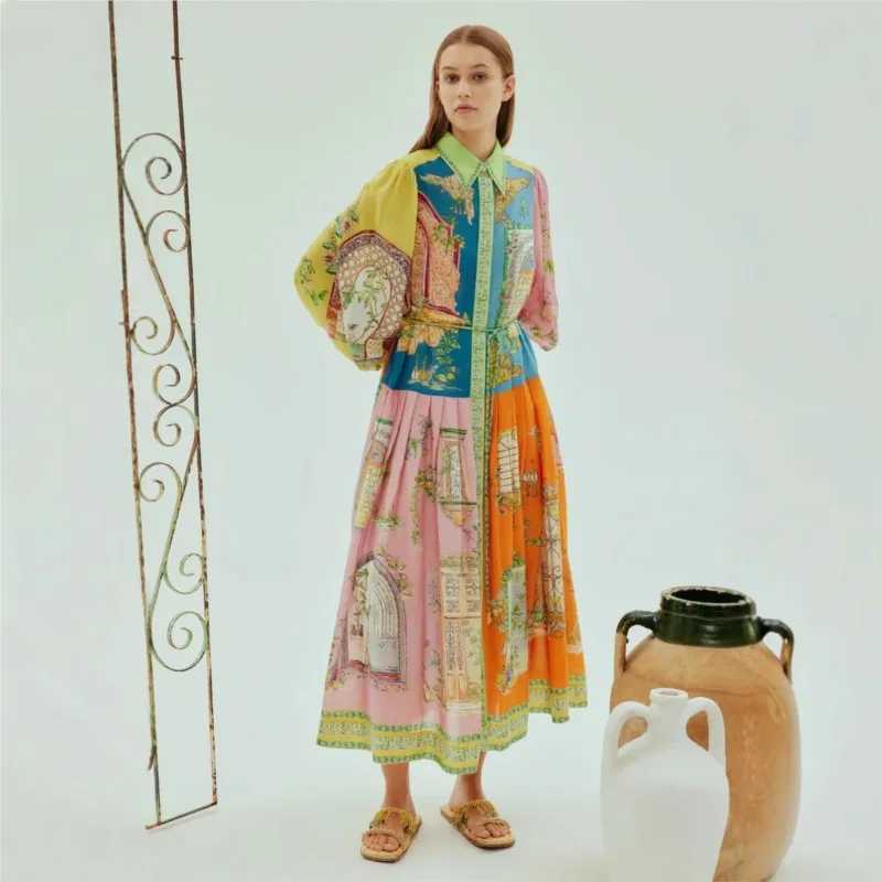 Urban Sexy Dresses 2025 Spring and Summer Printed Flower Collar Long Sleeve Single Chest Strap Womens Bohemian Holiday Party Dress Y240312IO53
