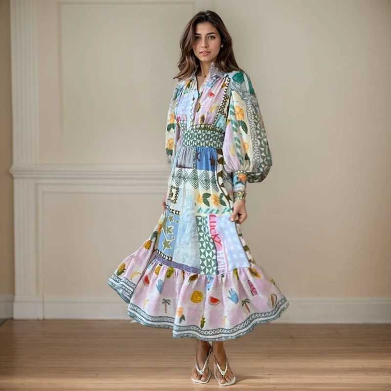 Urban Sexy Dresses Popular Midi Dr womens clothing European and American retro puffs Slve printed lantern Slve A-line waist pattern Swing Dr Y240312ZY