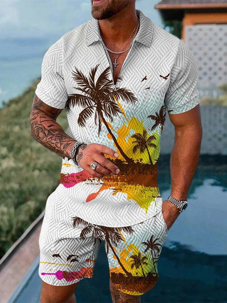 Hawaii 2piece 3D Coconut Tree Printed Zipper Polo Shirt Short Sleeves and Shorts Casual Fashion Mens Sportswear Set 250313