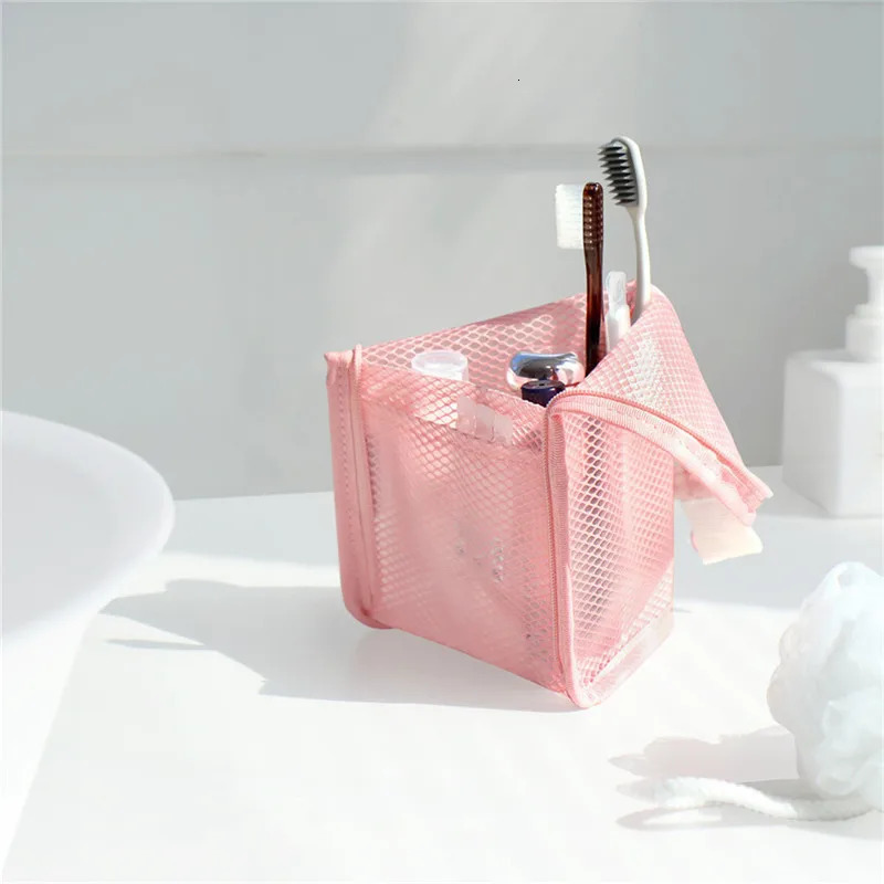 1 Pc Folding Zipper Travel Makeup Brush Bag Portable Mesh Cosmetic Bag Travel Makeup Bag Toothbrush Washing Organizer R250312