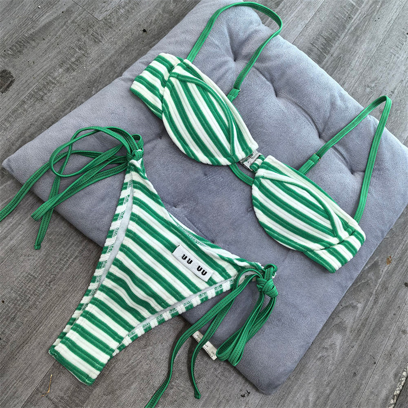 Women Lace Up Swimsuits Sexy Striped Patchwork Brazilian Bikinis Cropped Bra Tide Side Thong Bathing Suits