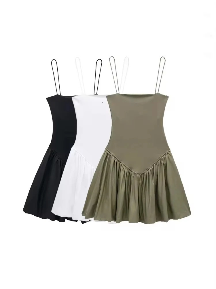 TRZAWomens Patchwork Ribbed Poplin Puff Mini Dress Straight Neck Thin Straps Female Dresses Sexy Fashion 250313