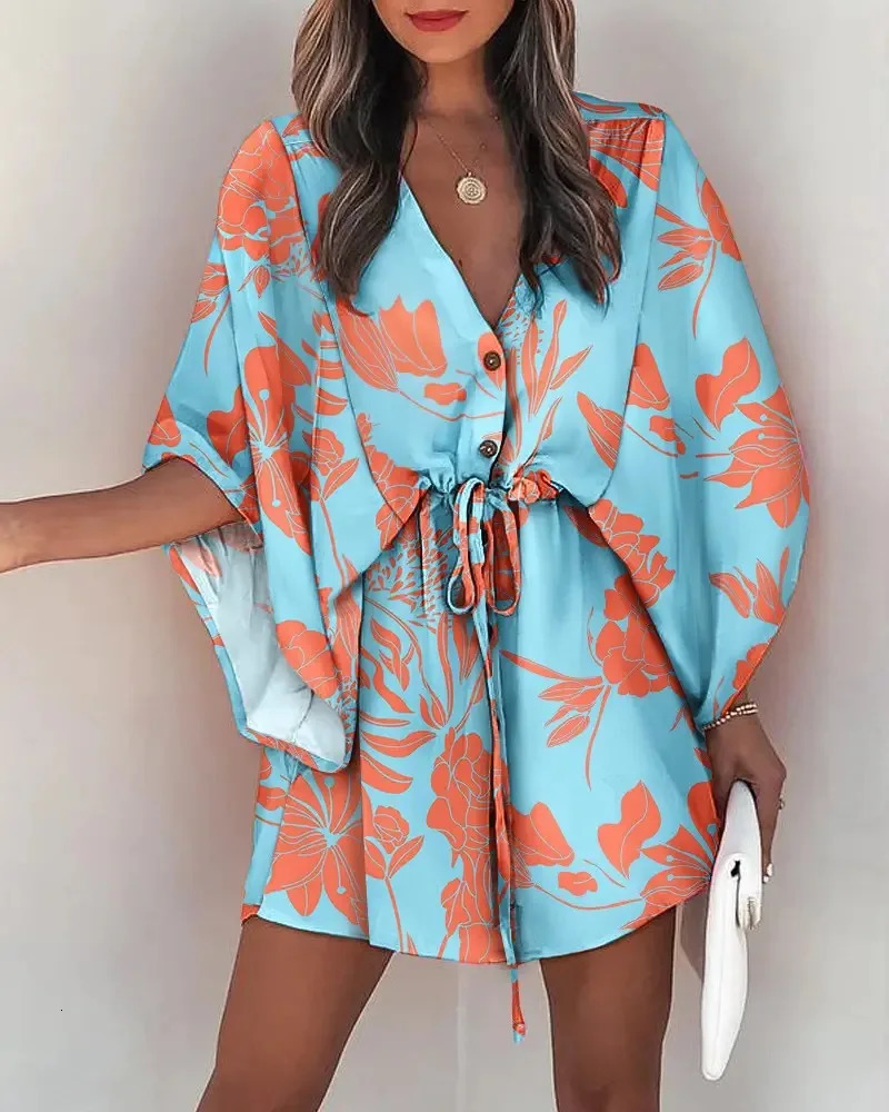 Womens summer dress floral print bat half sleeve Vneck ruffled irregular hem womens casual bohemian 250313