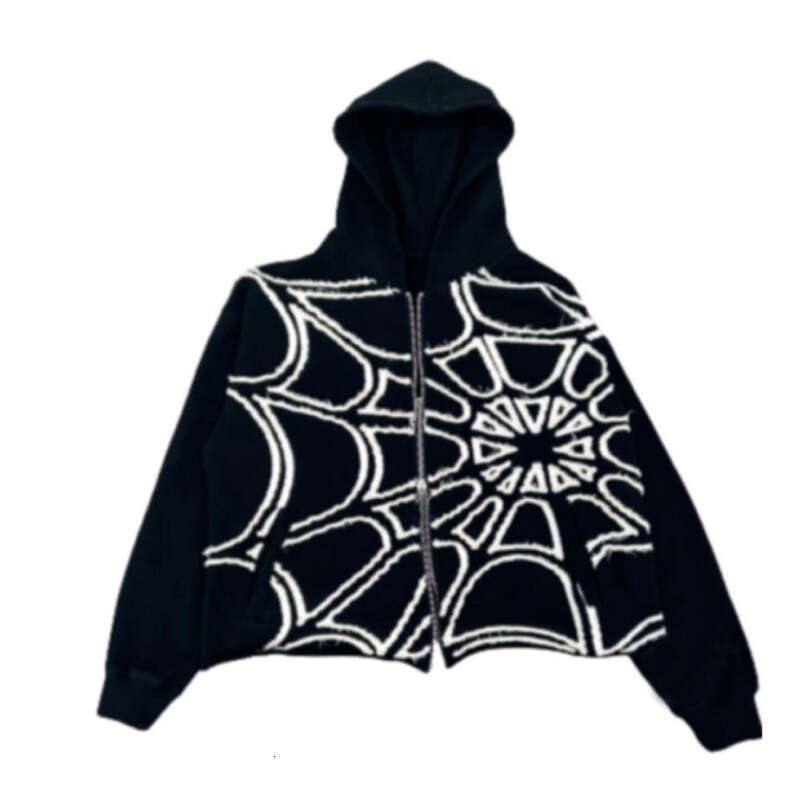 Wind autumn and winter spider print patchwork design loose zipper hooded trendy sports street unisex hoodie