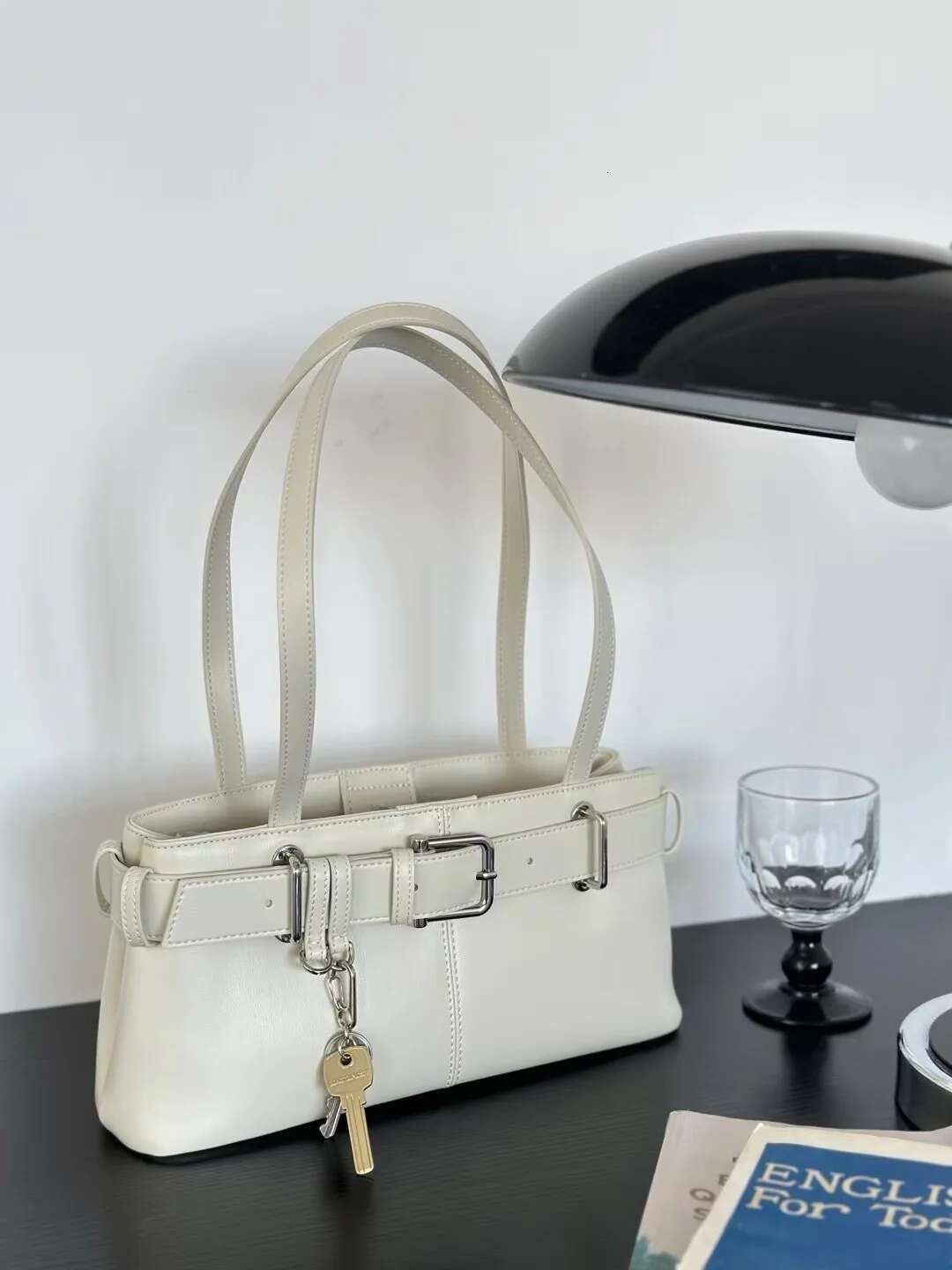 Retro Motorcycle Style Belt Buckle Design Large Capacity Women's Single Shoulder Underarm Bag Tote Cowhide Leather