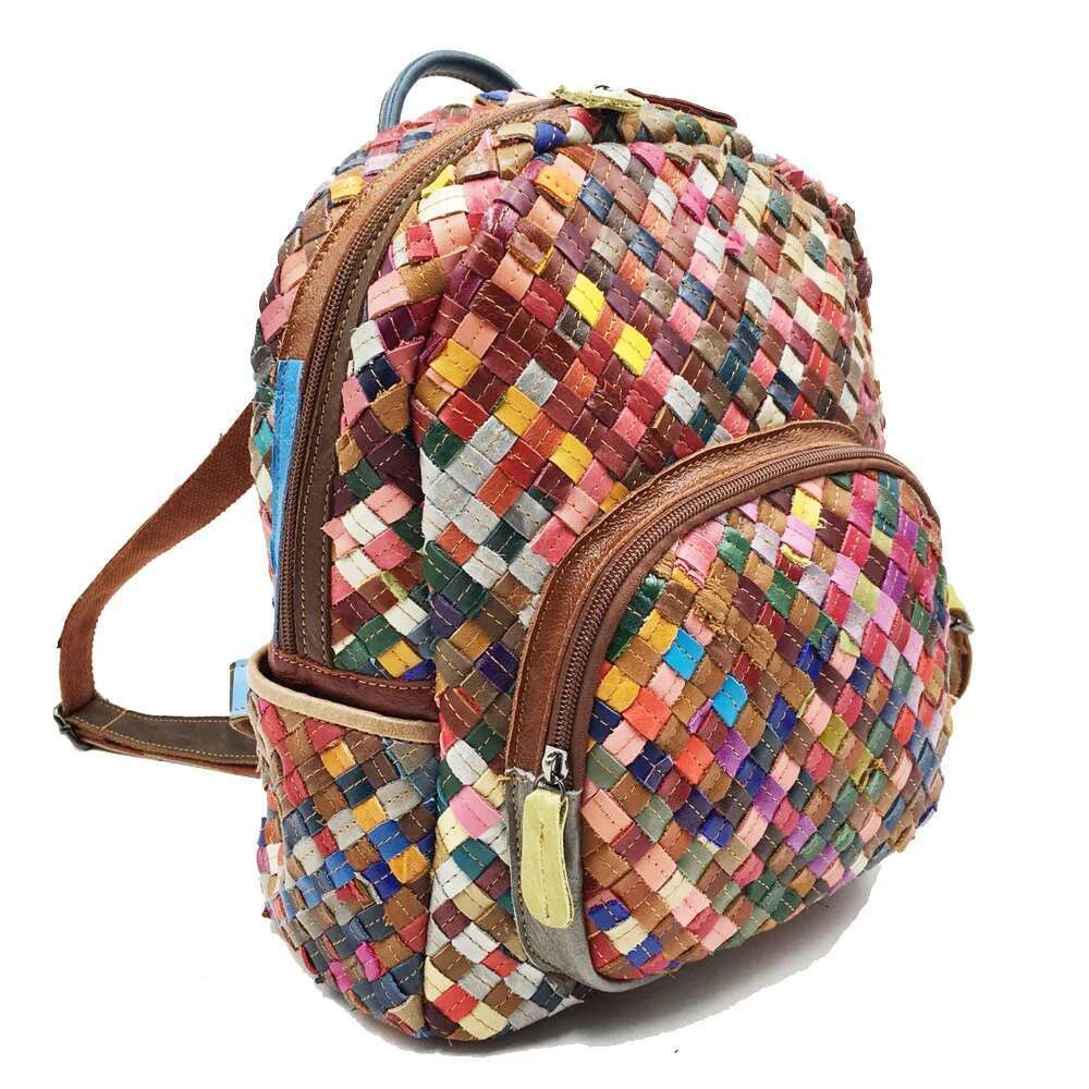 Vintage Backpack Genuine Daypack Large Capacity Rucksack For Women Cow Leather Weave Bag