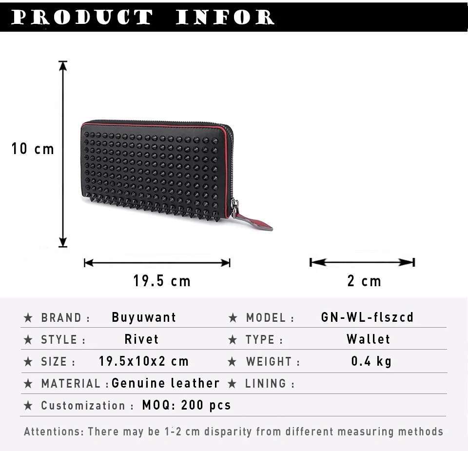 Buyuwant Rock Stud Rivet Women Genuine Leather Purse Fashion Long Wallet Clutch Bag Women's Handbags Gn-Wl-Flszcd
