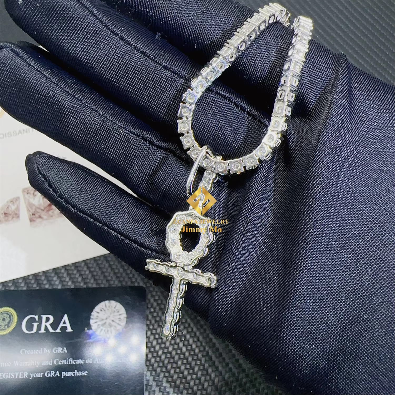 Pass Diamond Tester Moissanite 925 Silver Hip Hop Jewelry Iced Out VVS Moissanite Cross Pendant Tennis Chain Necklace Set