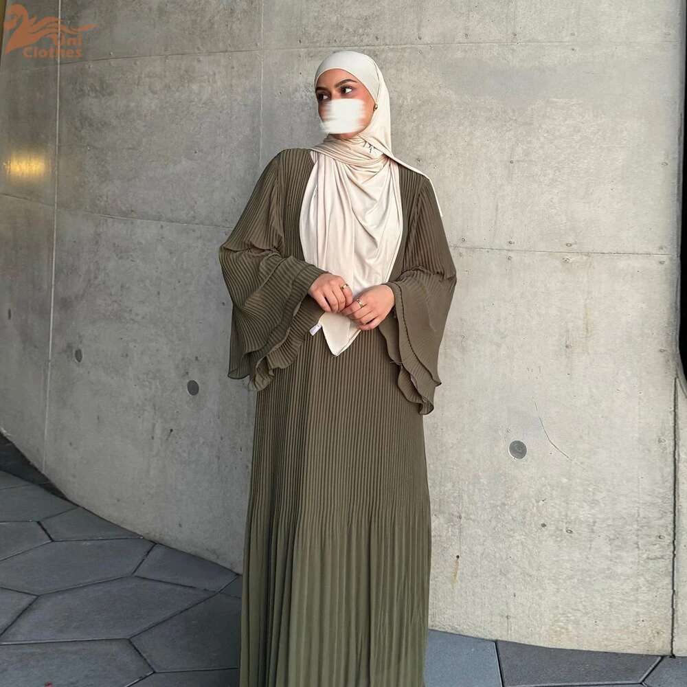 Uni Ramadan Muslim Solid Wrinkle Dresses For Women's Dubai Moroccan Petal Sleeve Abayas O-Neck Elegant Ka 2024