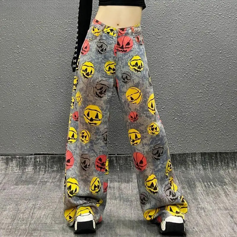 Spring And Summer Colorful Prints Tie-Dyed Washed Jeans Women's New High-Waisted Loose Versatile Straight Wide-Leg Pants