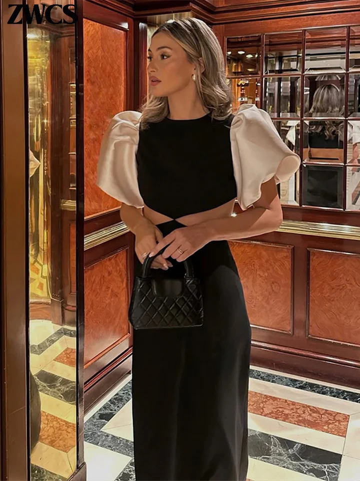 Elegant Puff Sleeve Evening Dress Womens Sexy Hollow Waist Short Long Summer Comparison Party Vest 250313