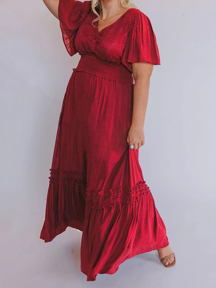 Womens V Neck Formal Lace Maxi Dress Ruffle Fringe Short Sleeve Boho Wedding Guest Long Dresses 250313