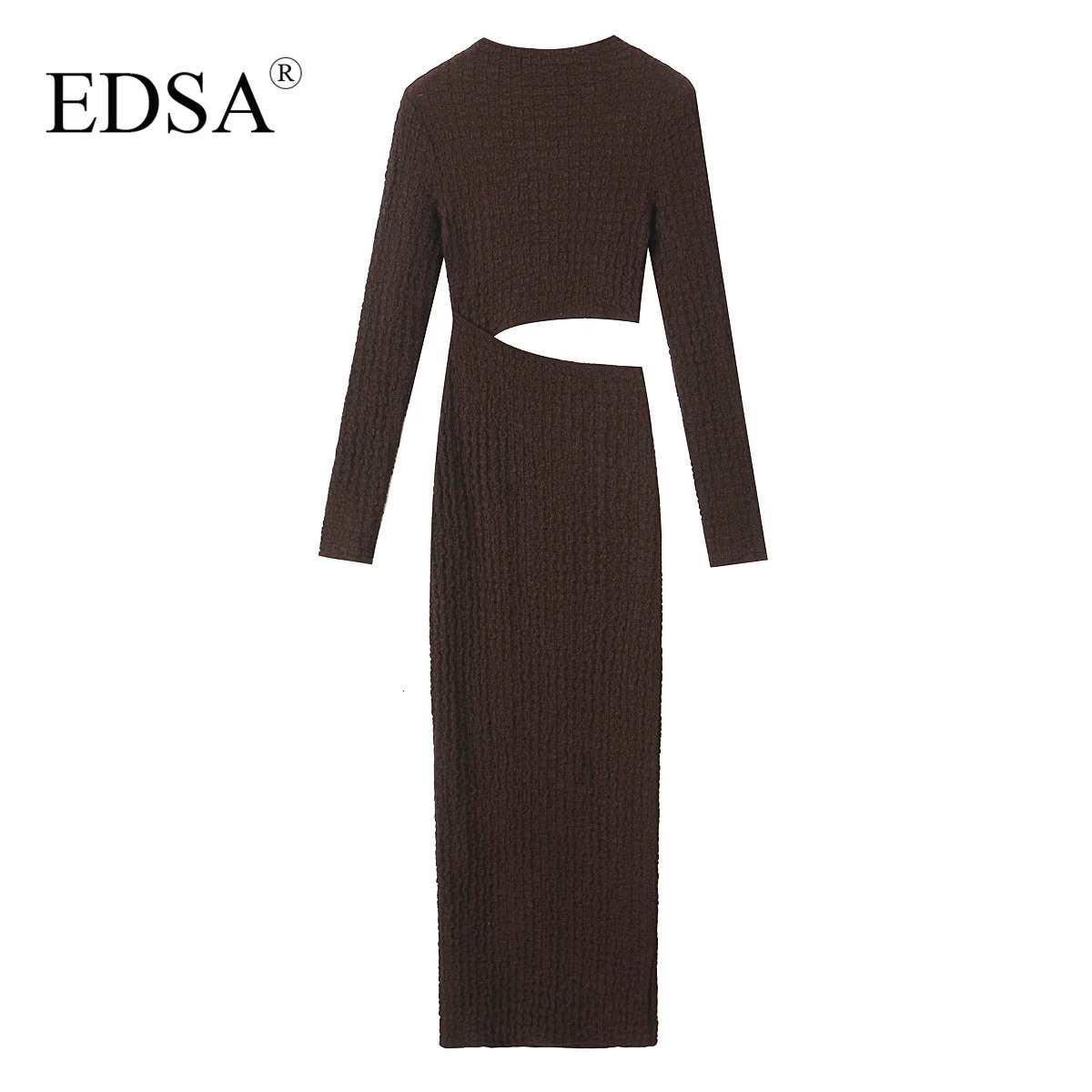 EDSA Womens Texture Cut Midi Dress High Waist Long Sleeve Hollow Elegant Skirt 250313