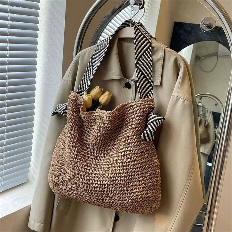 Straw Woven Straw Beach Bag Fashion Large Capacity Knot Shoulder Straps Single Shoulder Bag Tote Bag Travel 250312