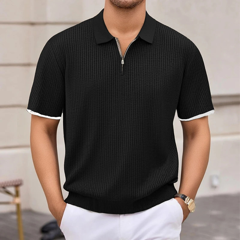 Casual solid color knitted mens polo shirt for spring and summer fashion zipper up down lapel top casual breathable 250313