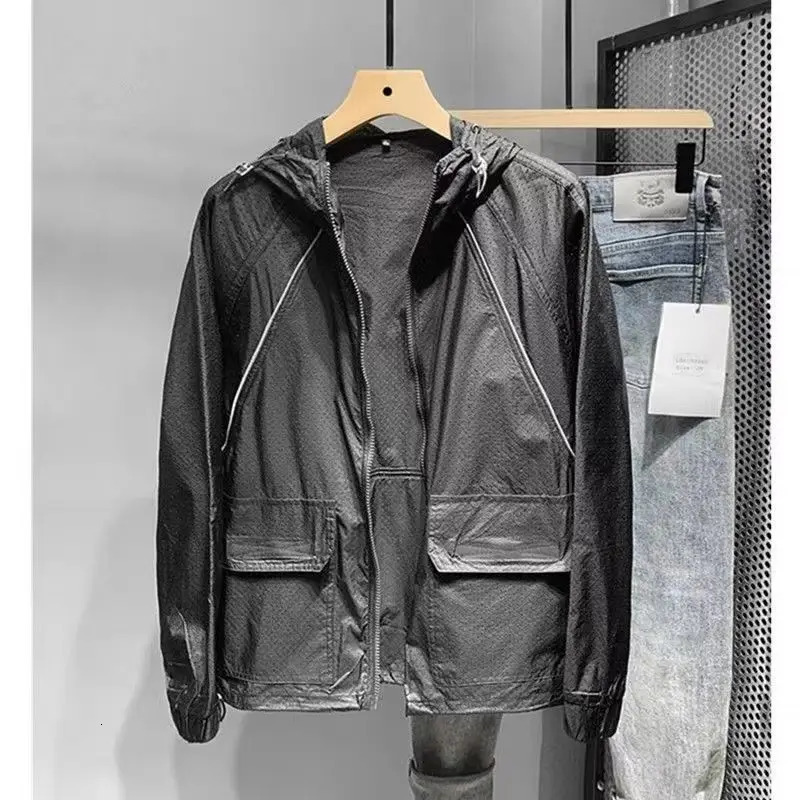 Sunscreen mens ultrathin breathable summer ice silk jacket with quick drying skin windproof cover and elastic sports W154 250313
