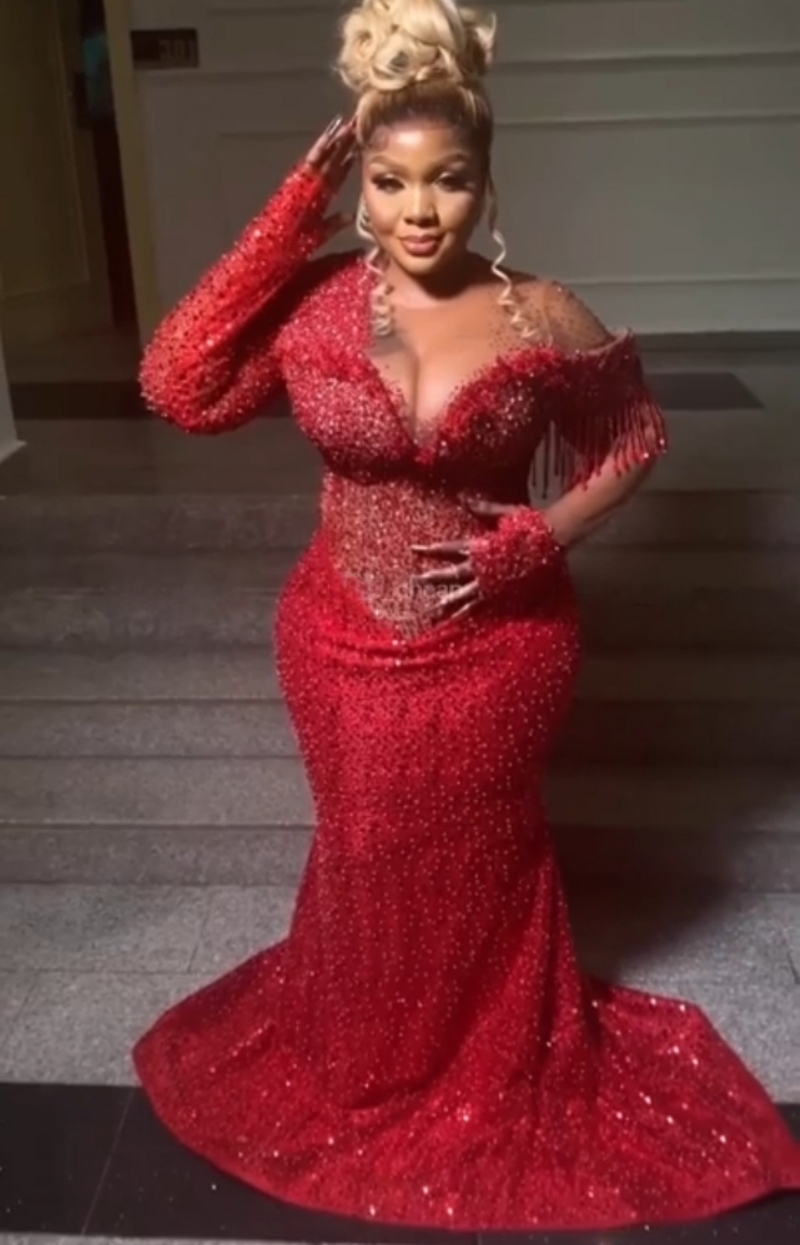 Glitter Red Sequined Mermaid Prom Dresses Pearls Sequins Beads Long Sleeves Aso Ebi African Arabic Formal Reception Gown 2025 Sparkly Elegant Evening 
