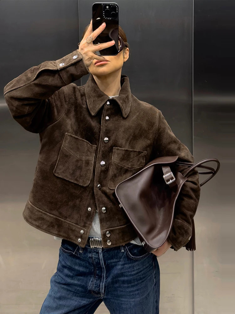 Classic Brown Single Chest Jacket Womens Retro Suede Collar Pocket Short Sleeve Versatile Spring Chic Street 250312