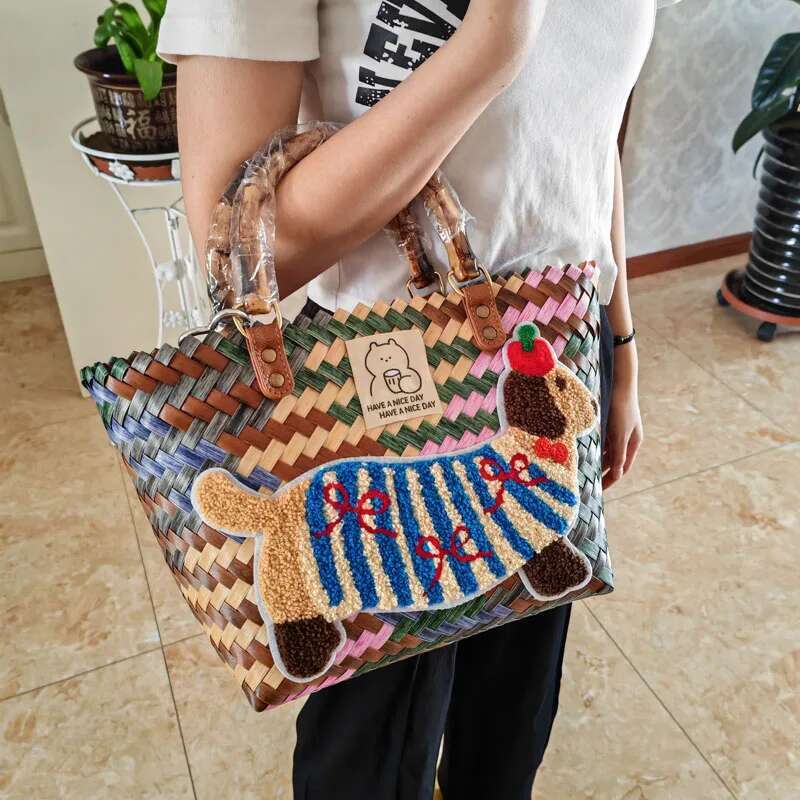 Summer Cute Dahund Casual Vegetable Basket Retro Colorful Wicker Woven Beach Straw Bags Girls Women Travel Handbag
