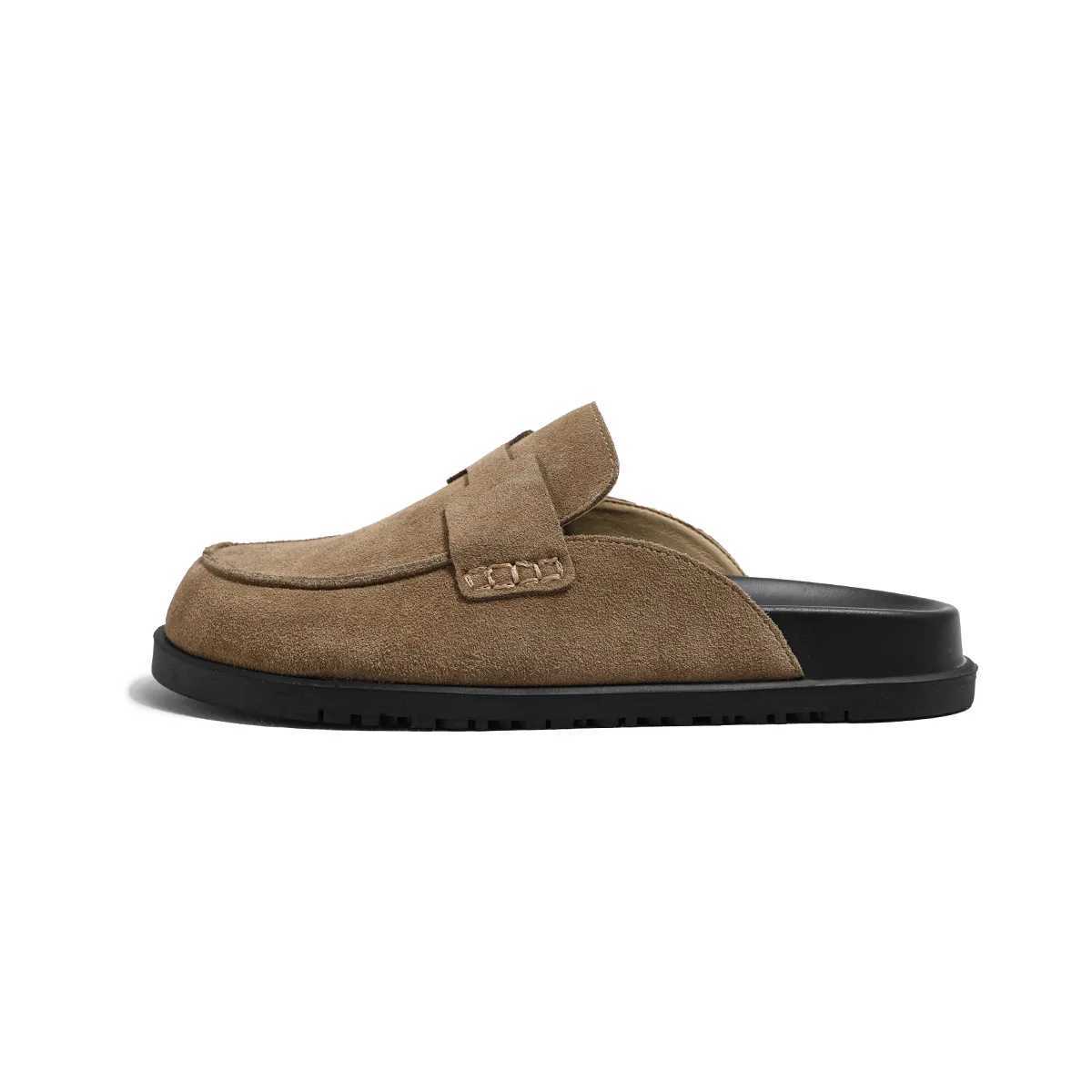 Womens genuine leather shoes womens slippers Loafers Low Pantofle Flock Cover Toe Buckle Strap 2024 Rome Hoof Heels Rubber Fab Y250312