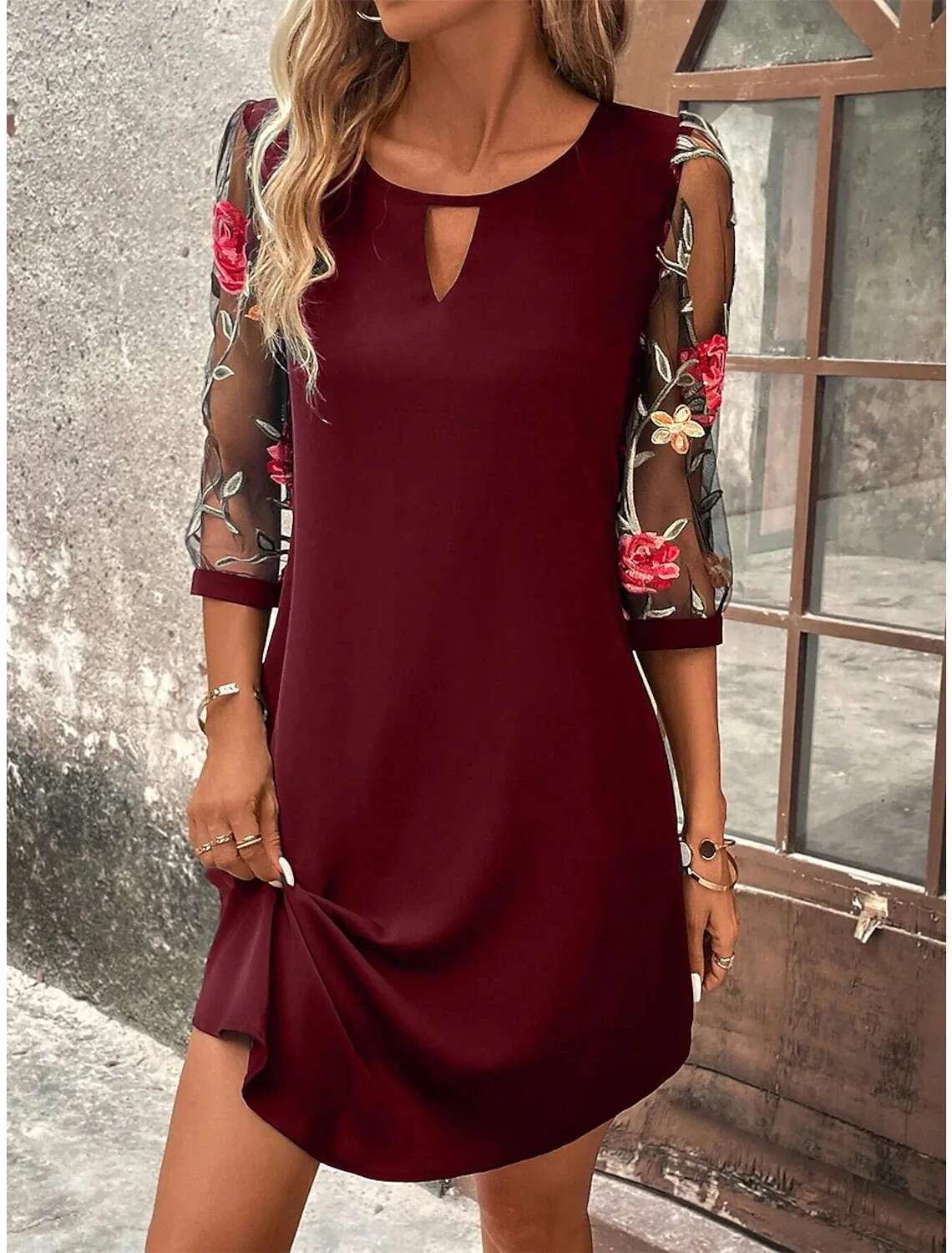 Women's Perspective Mid Sleeve Printed Round Neck Mini Skirt Summer Party Dress