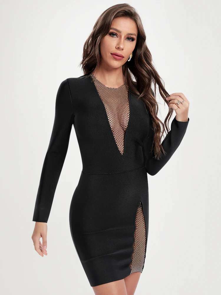 New Women Sexy Mini Short Long Sleeve Ladies V-Neck Dress Bodycon Party Vestidos