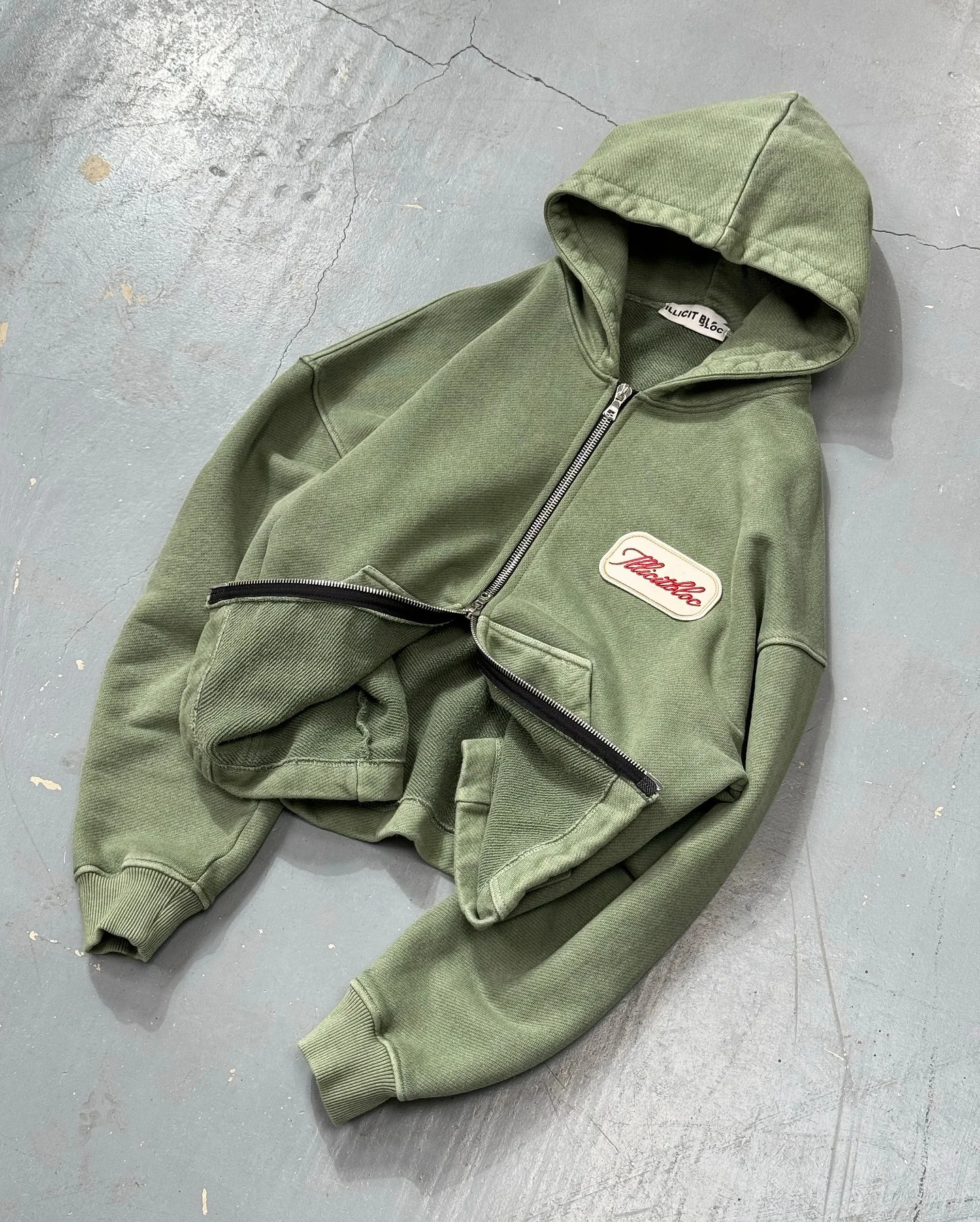 Washed Olive Patchwork Two Way Zip Up Hoodie Men Women Loose Casual Heavy Weight Cotton Hoodies Couple Sweatshirt Jacket 250311