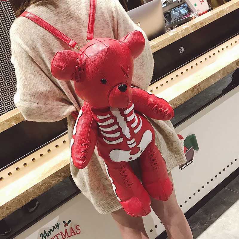 62cm Skeleton Bear Female Backpack Designer Casual Personality Skull Stitches Backpack Doll Cute Red Black Bears School BagT250313