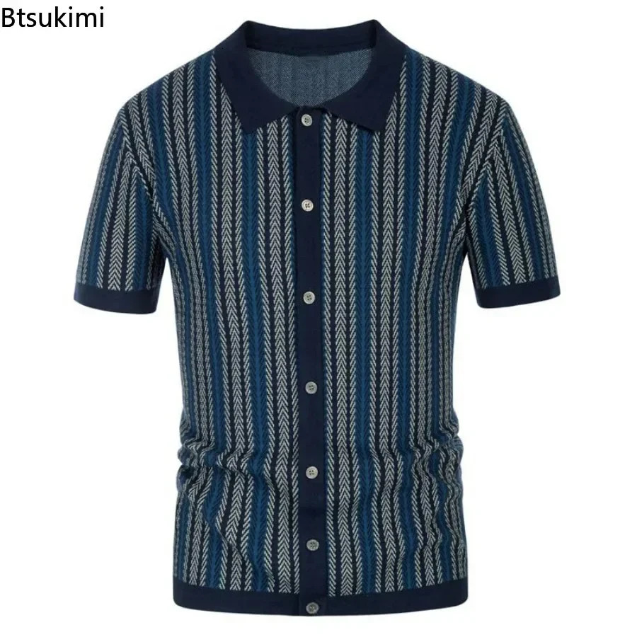 Mens summer casual striped shirt knitted retro British breathable patch work short sleeved jacquard business polo 250313