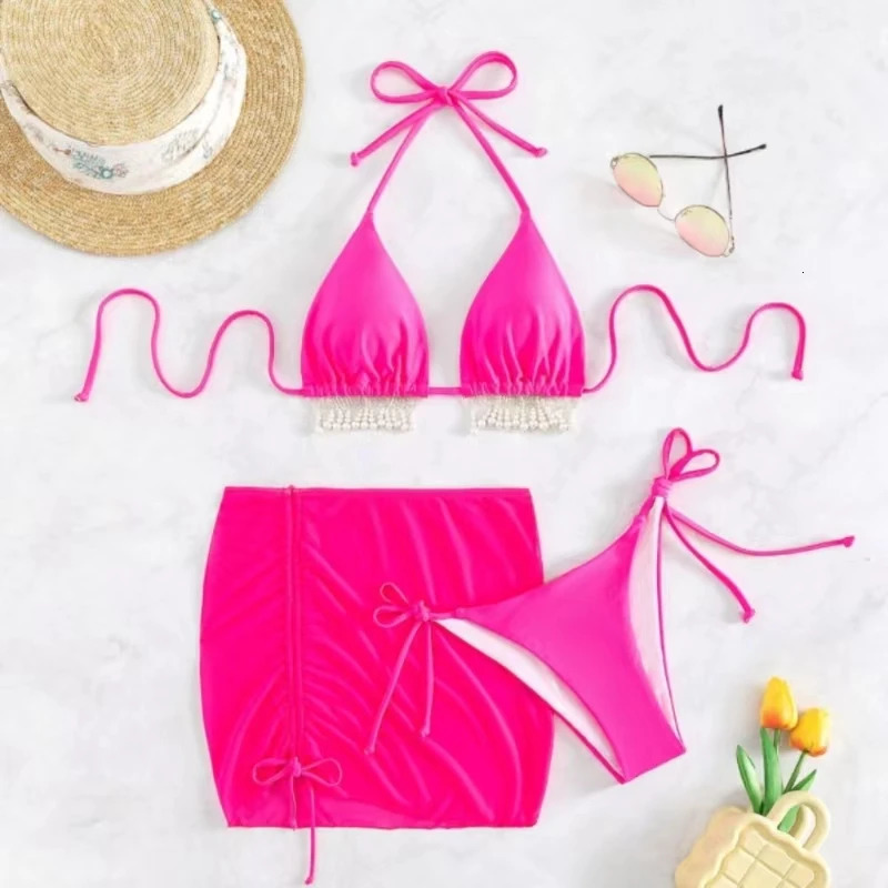 Pure Color Split Swimsuit Black Laceup Fringed Bra Breathable Comfortable Highwaisted Briefs Outer Gauze Skirt Threepiece Set 250311