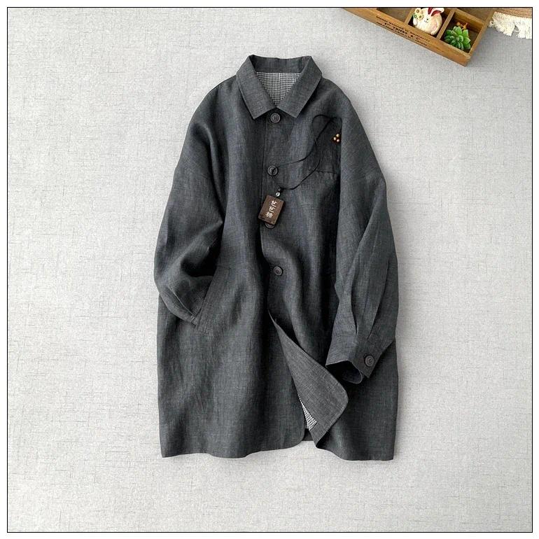 Women's Trench Coats Clothing Washed Linen Long-sleeved Coat Spring Product Medium-length Loose Baba 250208-3