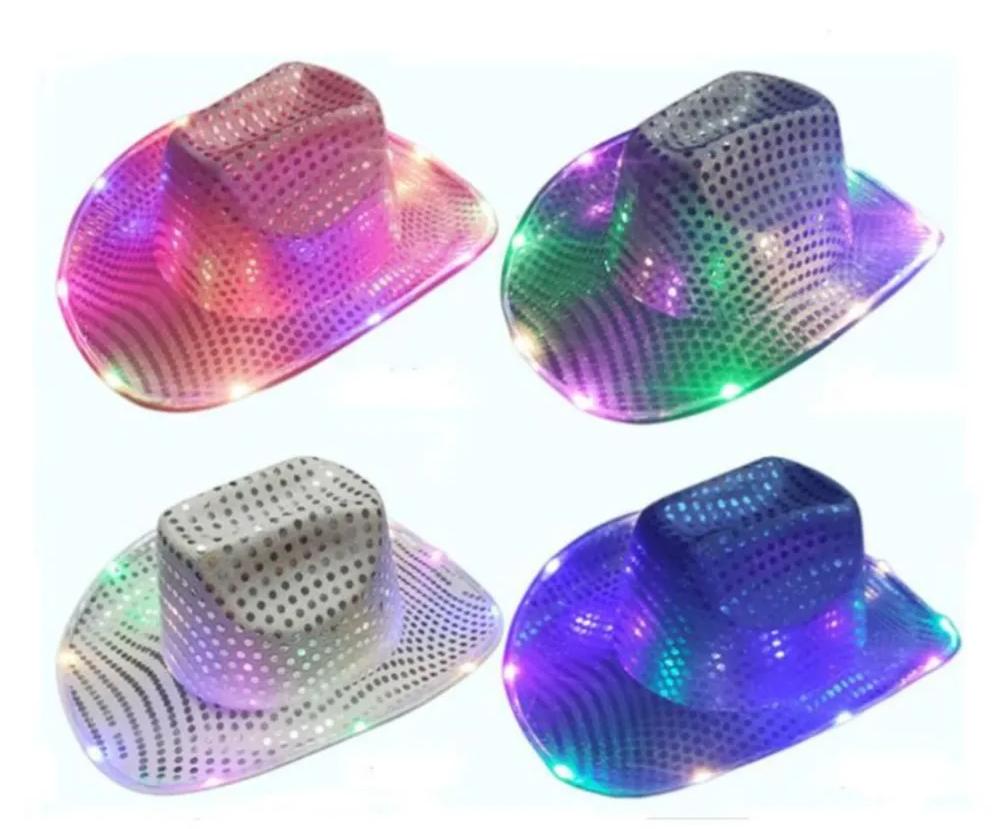 Party Hats Cowgirl LED Hats Fashion Flashing Light Up Sequin Cowboy Hats Luminous Caps Halloween Costume FY7970 0313
