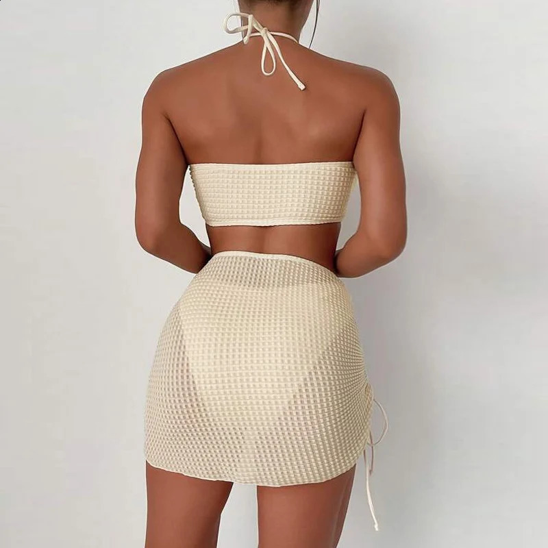 3piece bikini set in beige color sexy hanging collar swimsuit for women side pull rope womens beach 250313