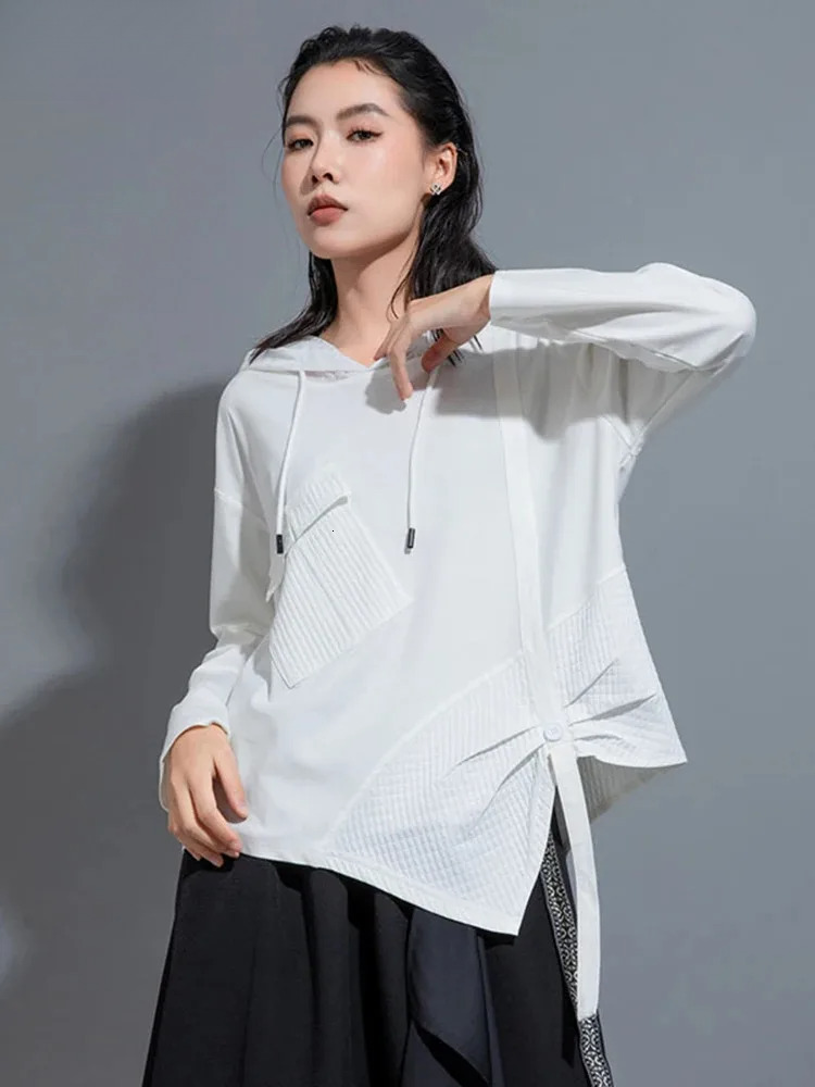 Women White Irregular Ribbon Big Size Casual T-Shirt New Hooded Long Sleeve Fashion Tide Spring Autumn 2025 1Dh0999