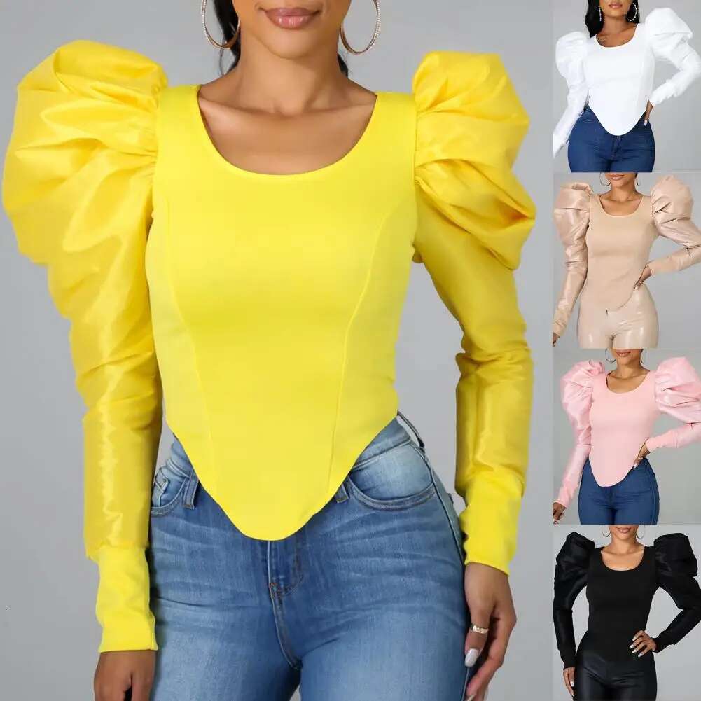Women Casual Patchwork Outfits Puff Sleeve Stylish Pullover Top Female Spring Summer Skinny Blouse For Party