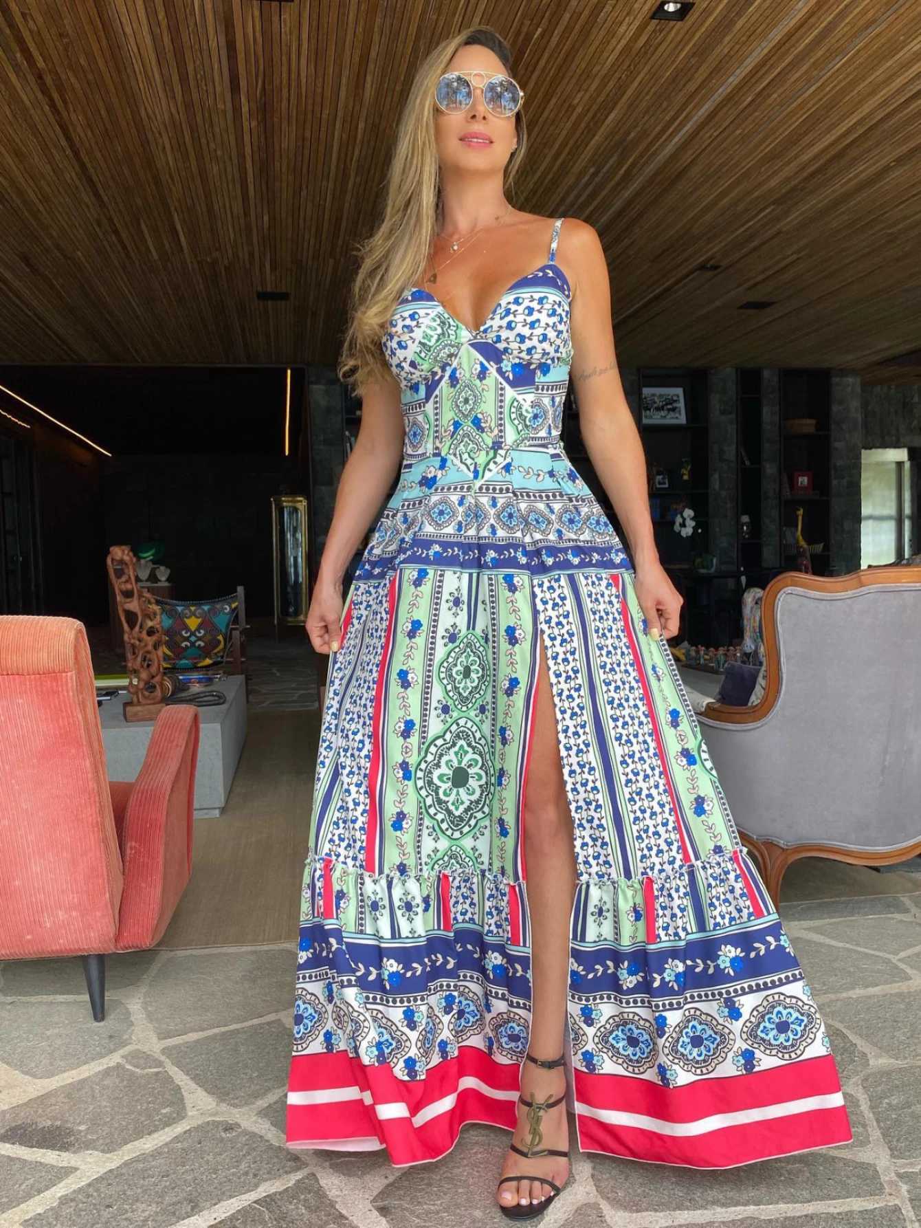 Urban Sexy Dresses 2025 Summer Print Long Dr Women Clothing Lace Up Sling Party Dres Pattern Strappy Ladies Hollow Out V-Neck Beach Vestidos Y2403128H