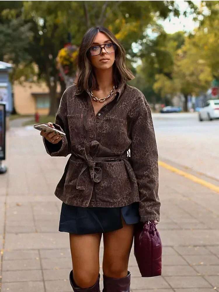 Leopard Printed Denim Single Breasted Belt Women's Coat Fashion Lapel Long Sleeve Short Jacket Fall New Lady Highstreet Outwear