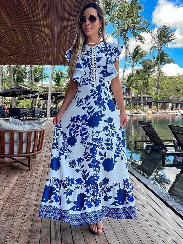 Urban Sexy Dresses 2025 New Blue Floral Print White Dres Women Lace Hollow Out Long Dr Holiady Summer Bodycon Robe Elegant Ruffles Vestidos Y240312UTY
